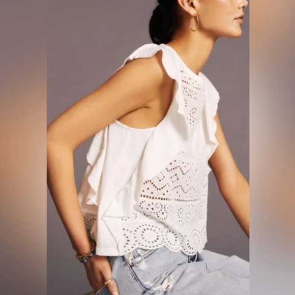 Anthropologie White Sustainable Lace Eyelet Blouse Large - Picture 2 of 8